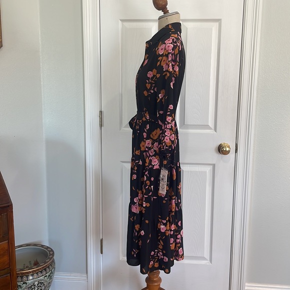Nanette Lepore dress floral tiered button down Tie waist black pink size 10 - Picture 7 of 15